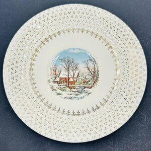 Coronet By Salem 6.25" Saucer 23k Gold Winter Farm Scene Vintage